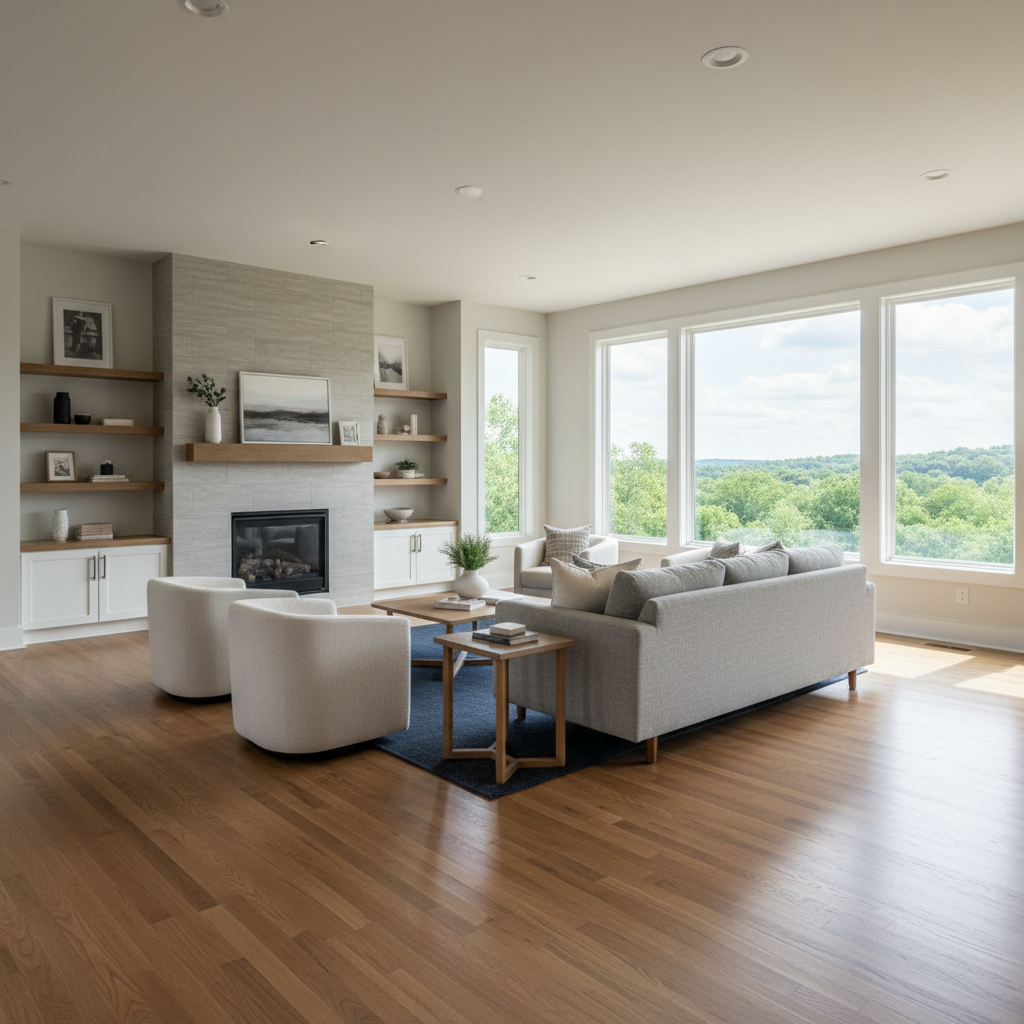 A light-filled, open-concept living room in a modern Huntsville home, featuring wide-plank oak floors, a stone-tiled gas fireplace, and large double-pane windows revealing a hint of green Alabama landscape outside. A neutral palette of soft grays and warm whites is accented by a navy area rug and sleek built-in shelving. Midday natural light streams through the windows, creating gentle reflections on the flooring and soft shadows beneath furniture. Shot from a slightly elevated corner angle with a wide lens, the composition leads the eye toward the windows, emphasizing spaciousness and flow. The mood is calm, organized, and move-in ready, with sharp photographic realism and a clean, staged look that conveys the comfort and potential of Huntsville living spaces for buyers and investors.