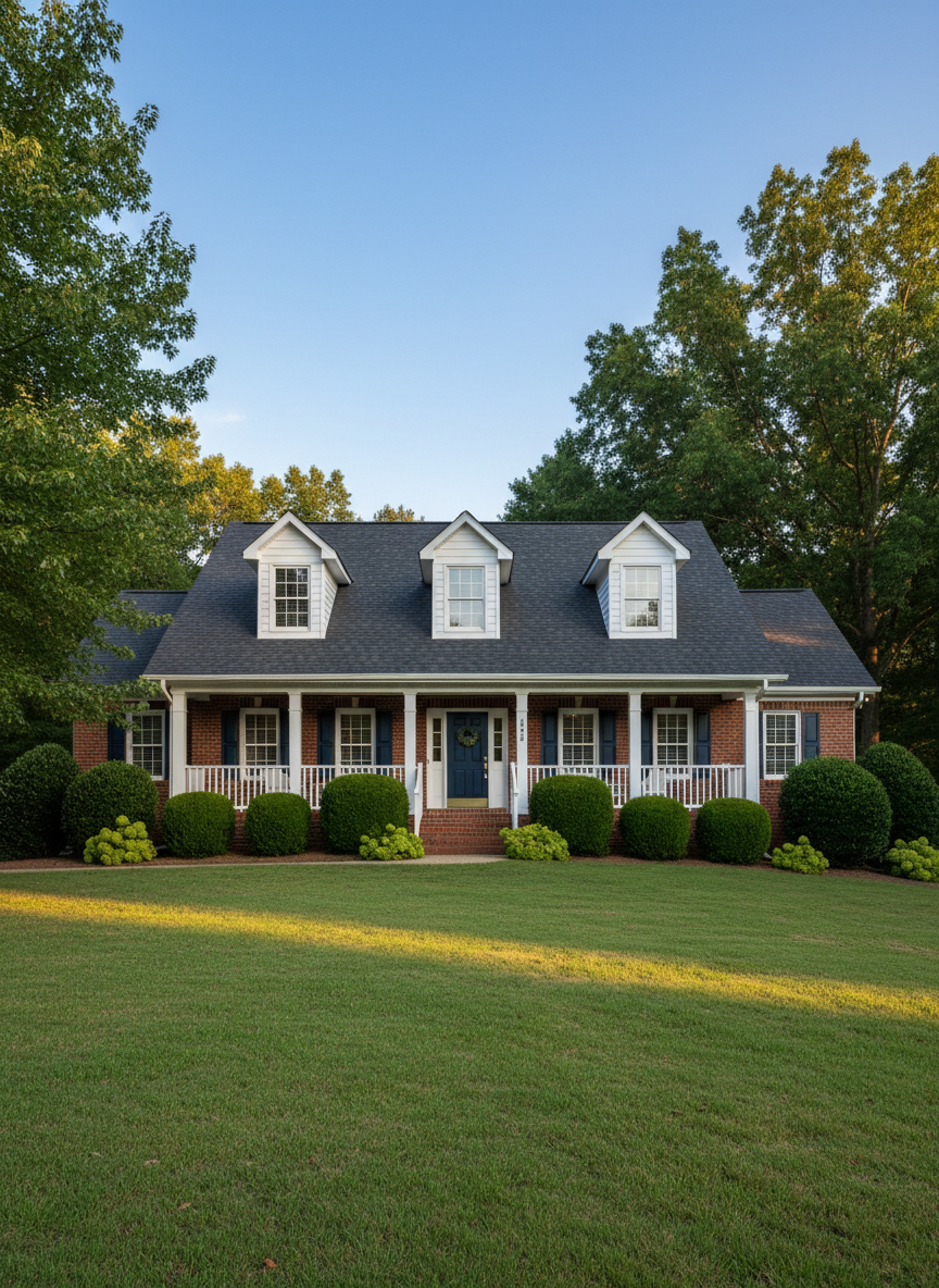A beautifully maintained brick suburban home with a welcoming front porch, crisp white trim, and a dark charcoal roof, set on a gently sloping, emerald-green lawn. A freshly painted navy front door with a gleaming metal lockbox hanging from the knob subtly hints at an active listing. Late afternoon golden sunlight washes over the facade, creating soft, warm highlights on the brick texture and long shadows from neatly trimmed shrubs. Captured at eye level with a slightly wide-angle lens, the composition follows the rule of thirds, showcasing the home centered but with space for blue sky and surrounding mature trees. The mood is inviting and aspirational, with photographic realism and a clean, modern aesthetic ideal for a Huntsville real estate homepage hero image.