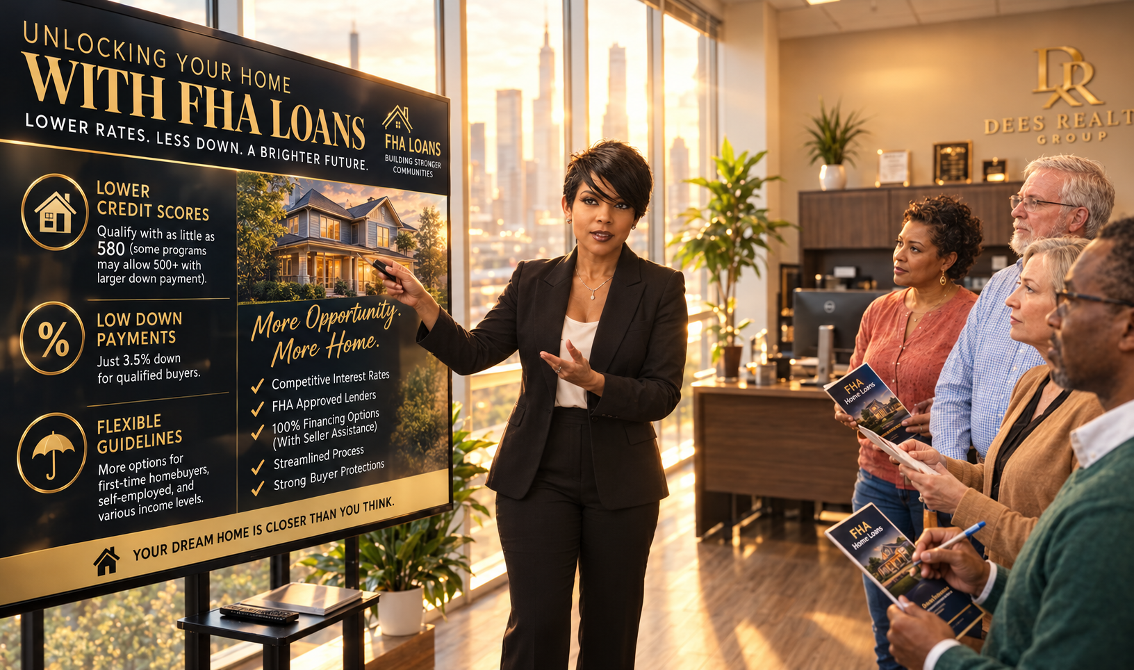 Professional woman speaking into a microphone at a mortgage seminar about FHA and USDA home loan applications.