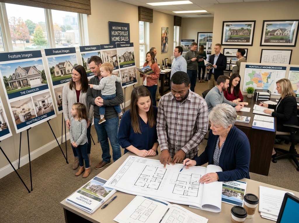 Families reviewing home blueprints and property features while comparing houses in a busy real estate office in Huntsville, Alabama.